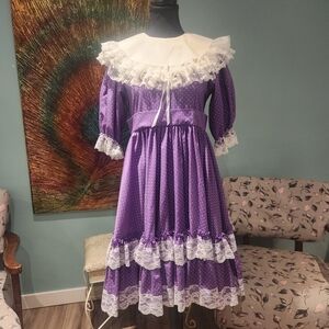 Vintage Purple Polka Dot Dress with Lace Trim